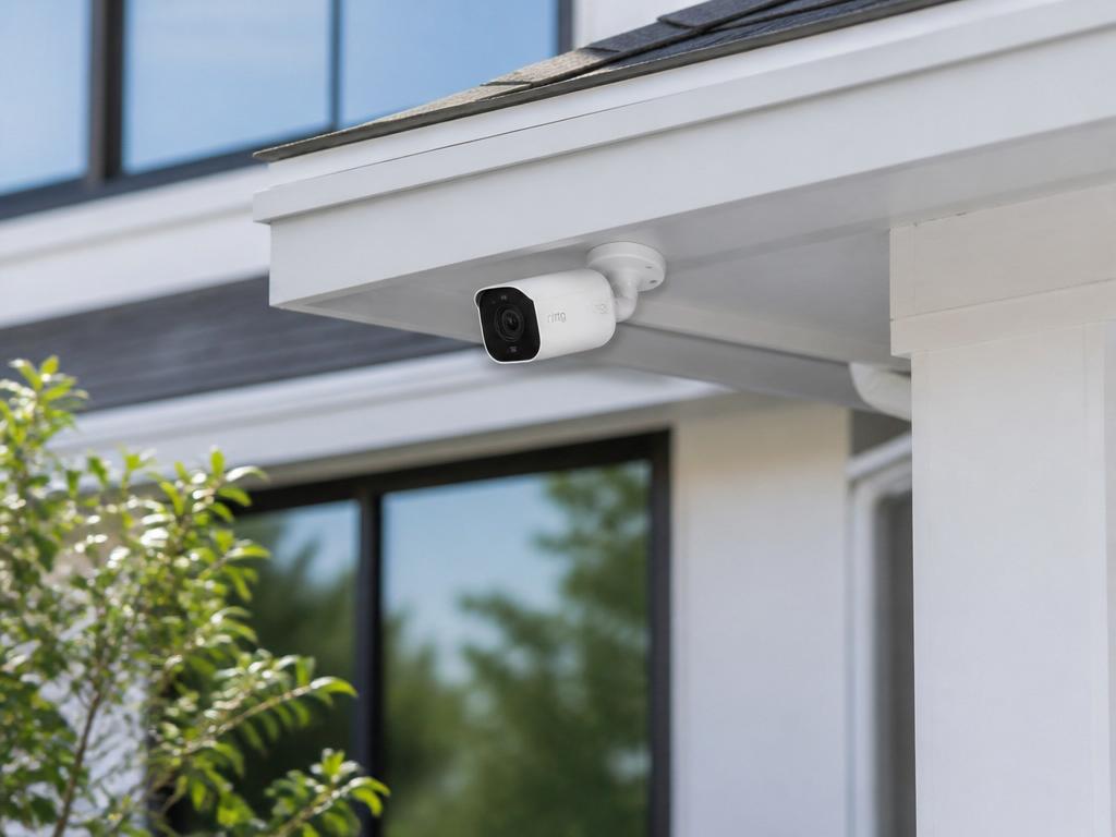 Modern security camera installed under a home eave