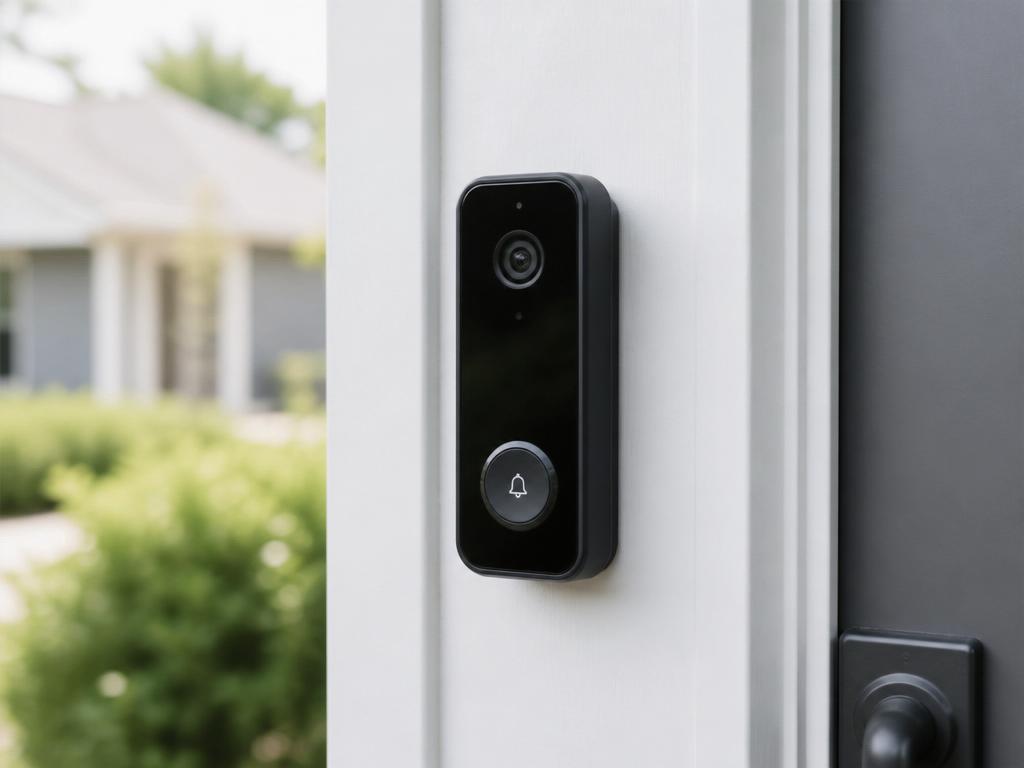 Sleek video doorbell installed on a front door frame