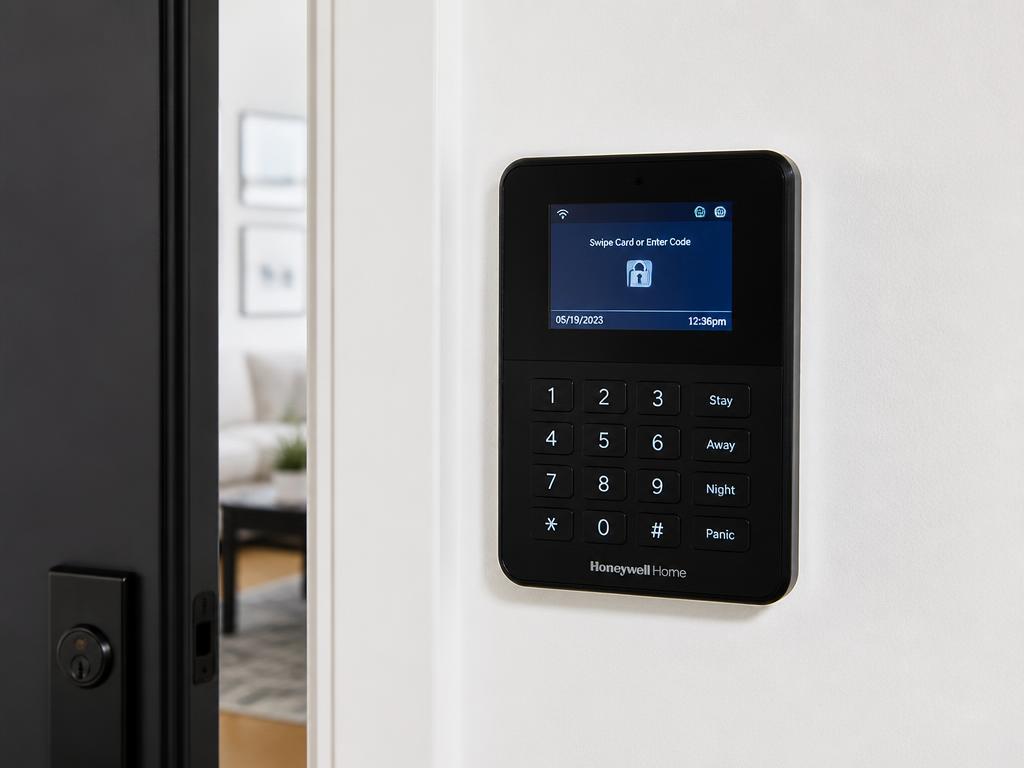 Modern security keypad mounted on an interior wall